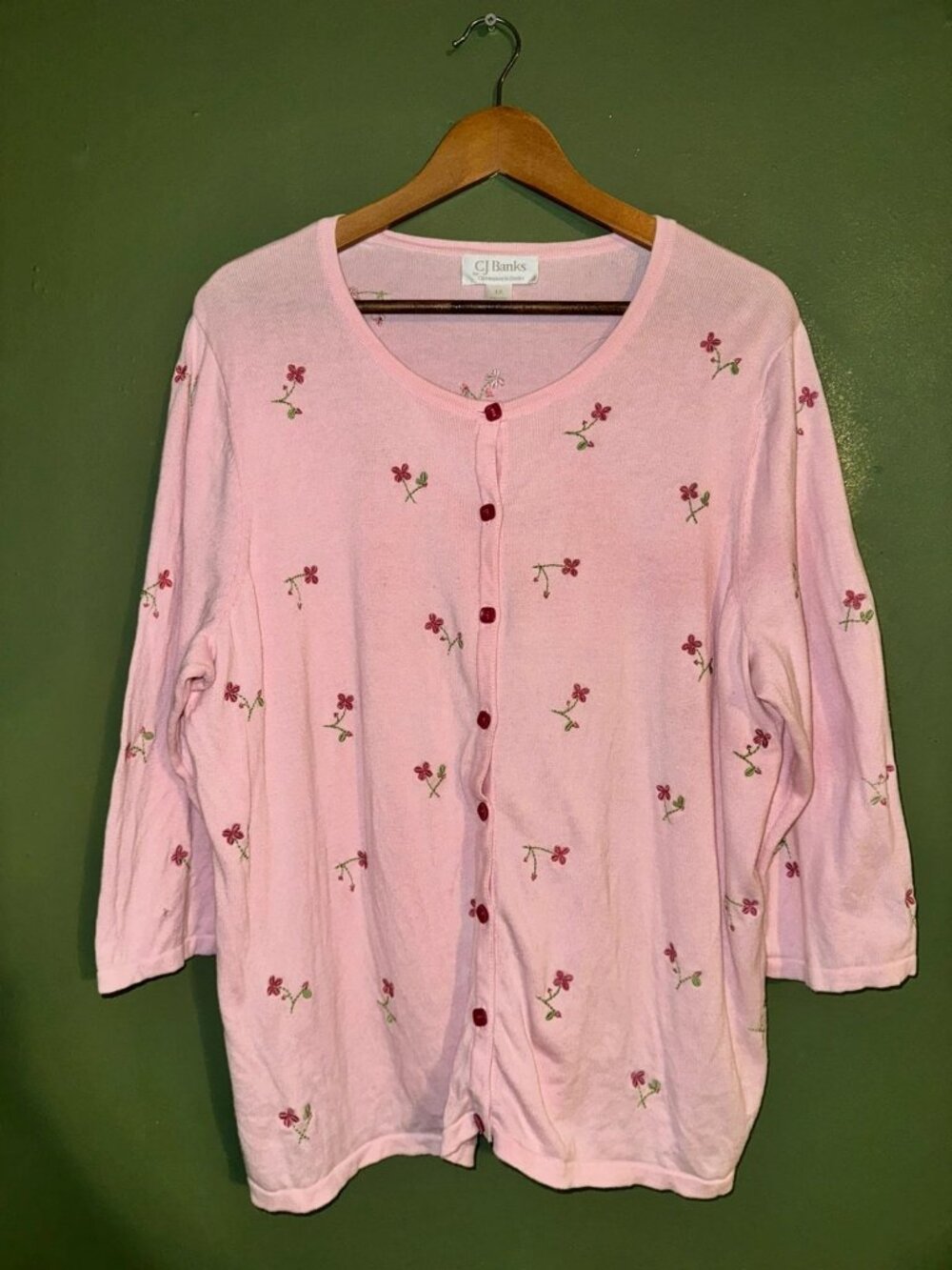 CJ Banks Pink Floral Embroidered Knit Cardigan Button Front 1X